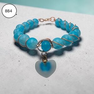 Handmade Blue Beaded Heart Charm Bracelet